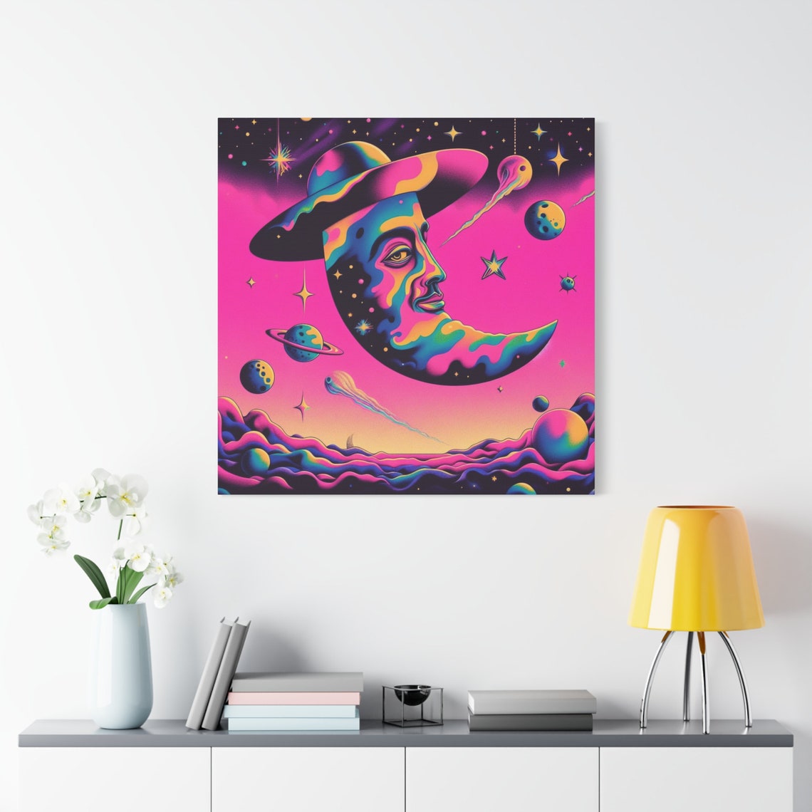 Surrealism Art Moon And Space Salvador Dali Inspired Wall Art Moon Face Wall Decor Colorful Moon Artwork Stretched 125 - Image 4