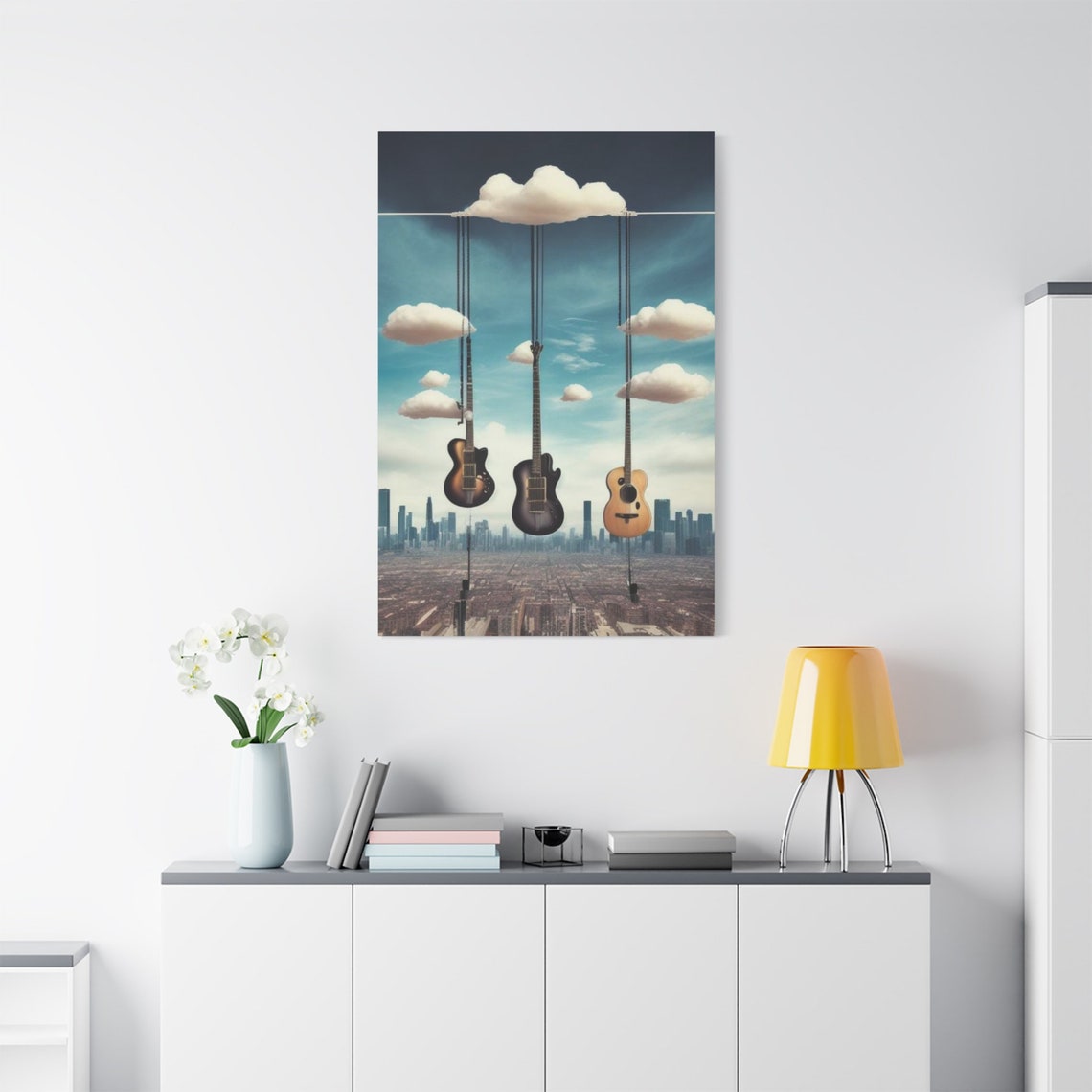 Three Hanging Guitars Floating Cloud City Skyline Surreal Music Poster - Image 2