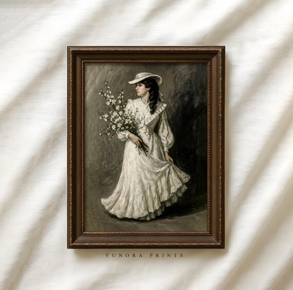 Lady in White Dress with Blossoms Vintage Portrait Painting Print