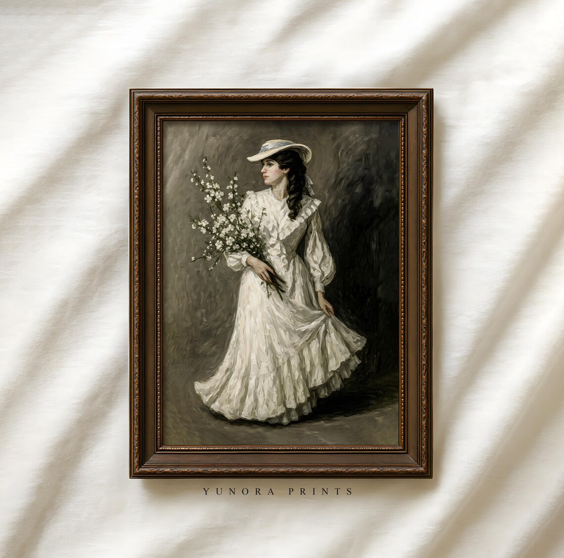Lady in White Dress with Blossoms Vintage Portrait Painting Print