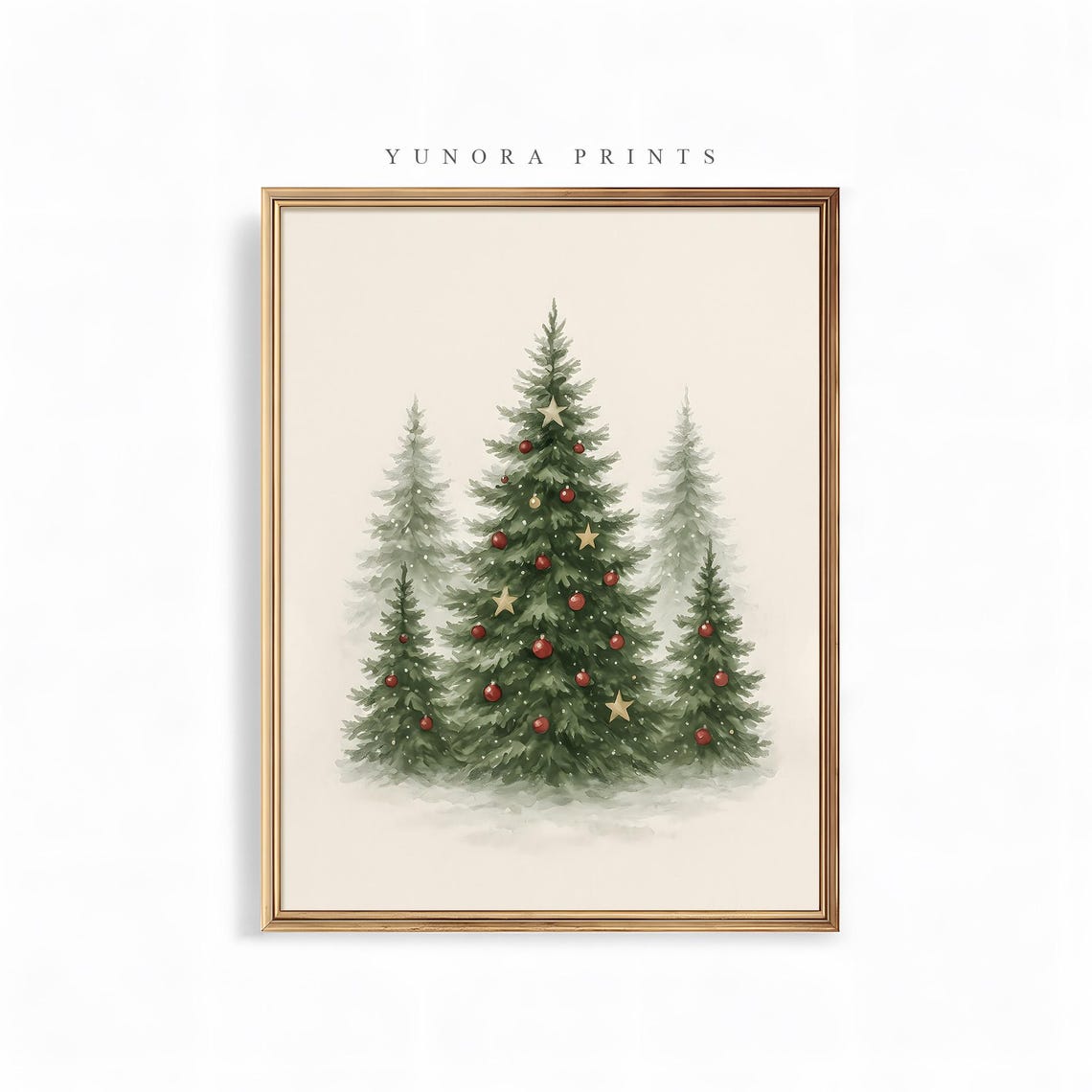 Watercolor Christmas Trees Red Ornaments Festive Holiday Poster