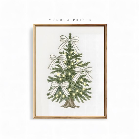 Minimal Christmas Tree White Ribbon Bows Elegant Holiday Print