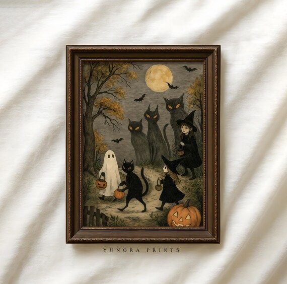 Vintage Halloween Trick Or Treat Print Cute Witch Poster Black Cat Wall Art Autumn Fall Decor