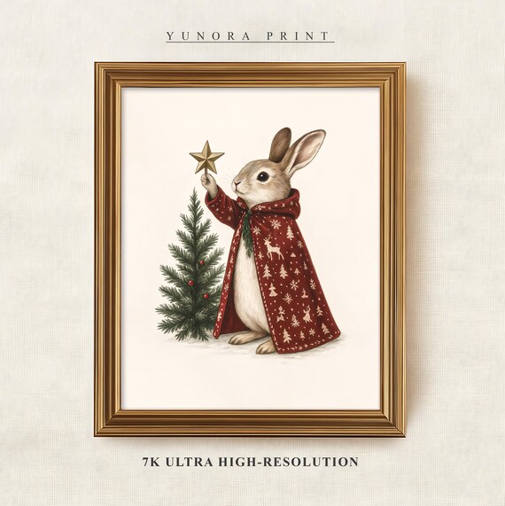 Christmas Bunny Festive Red Cape Tree Star Holiday Animal Wall Print