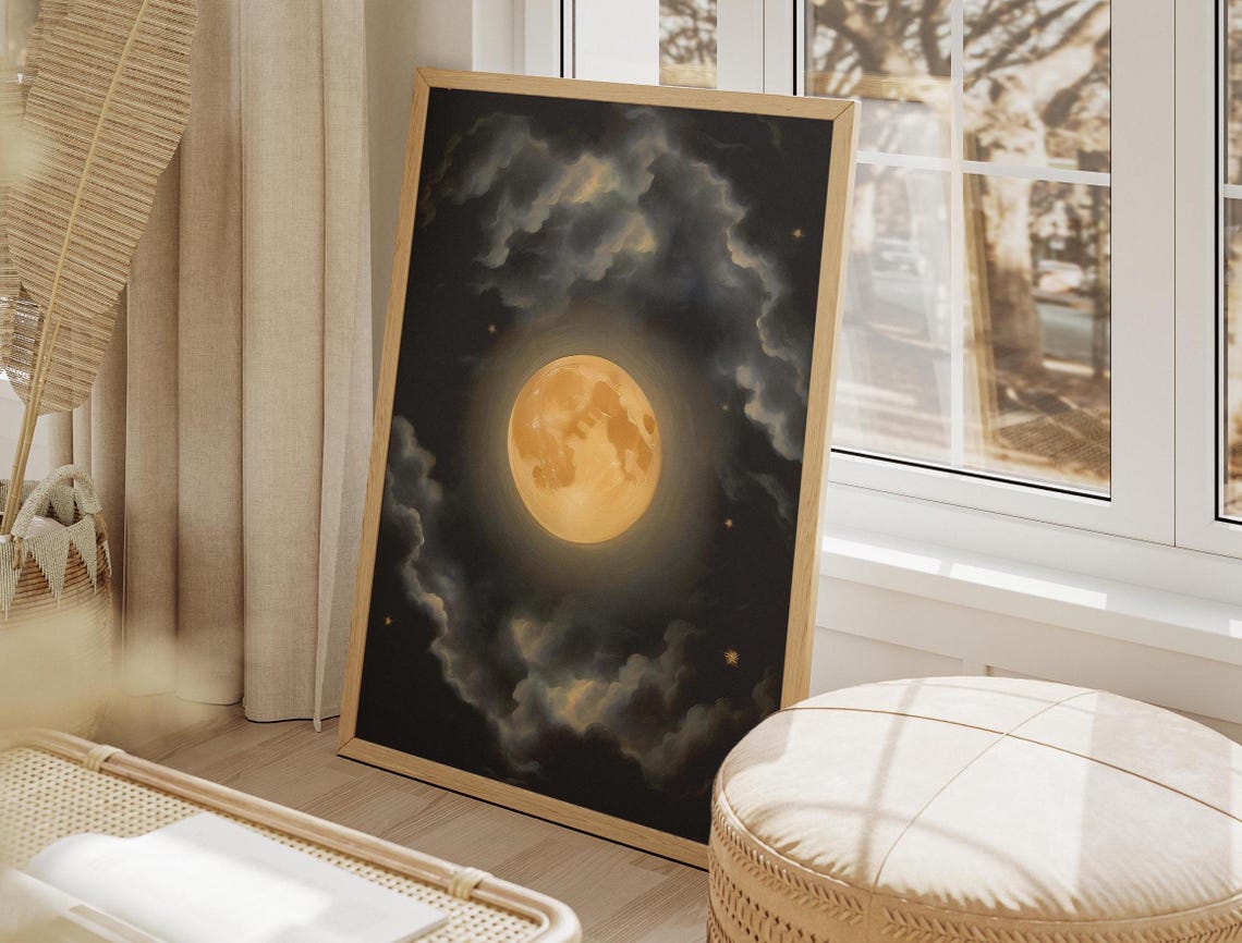 Full Moon Night Sky Print Vintage Abstract Oil Painting