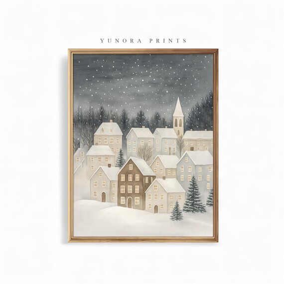 Snowy Christmas Village Night Glowing Windows Cozy Winter Art Poster