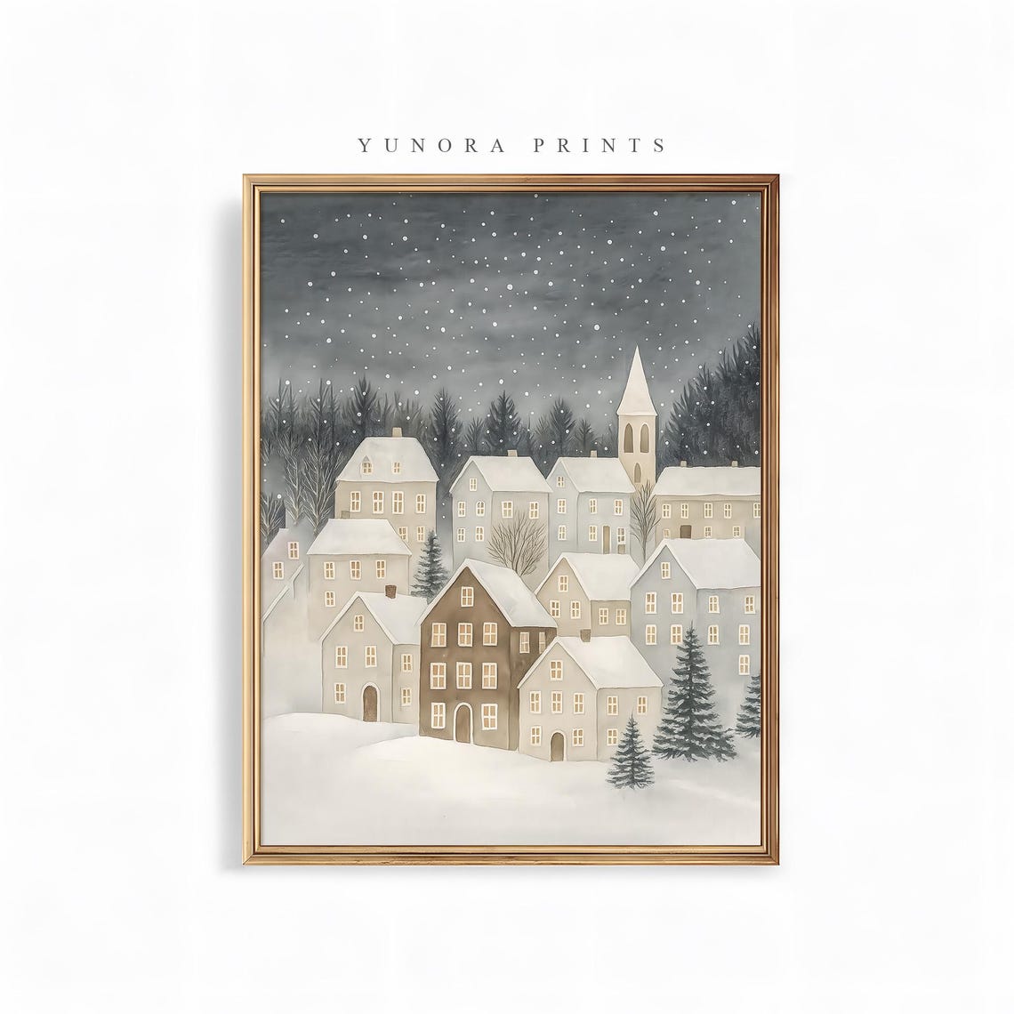 Snowy Christmas Village Night Glowing Windows Cozy Winter Art Poster