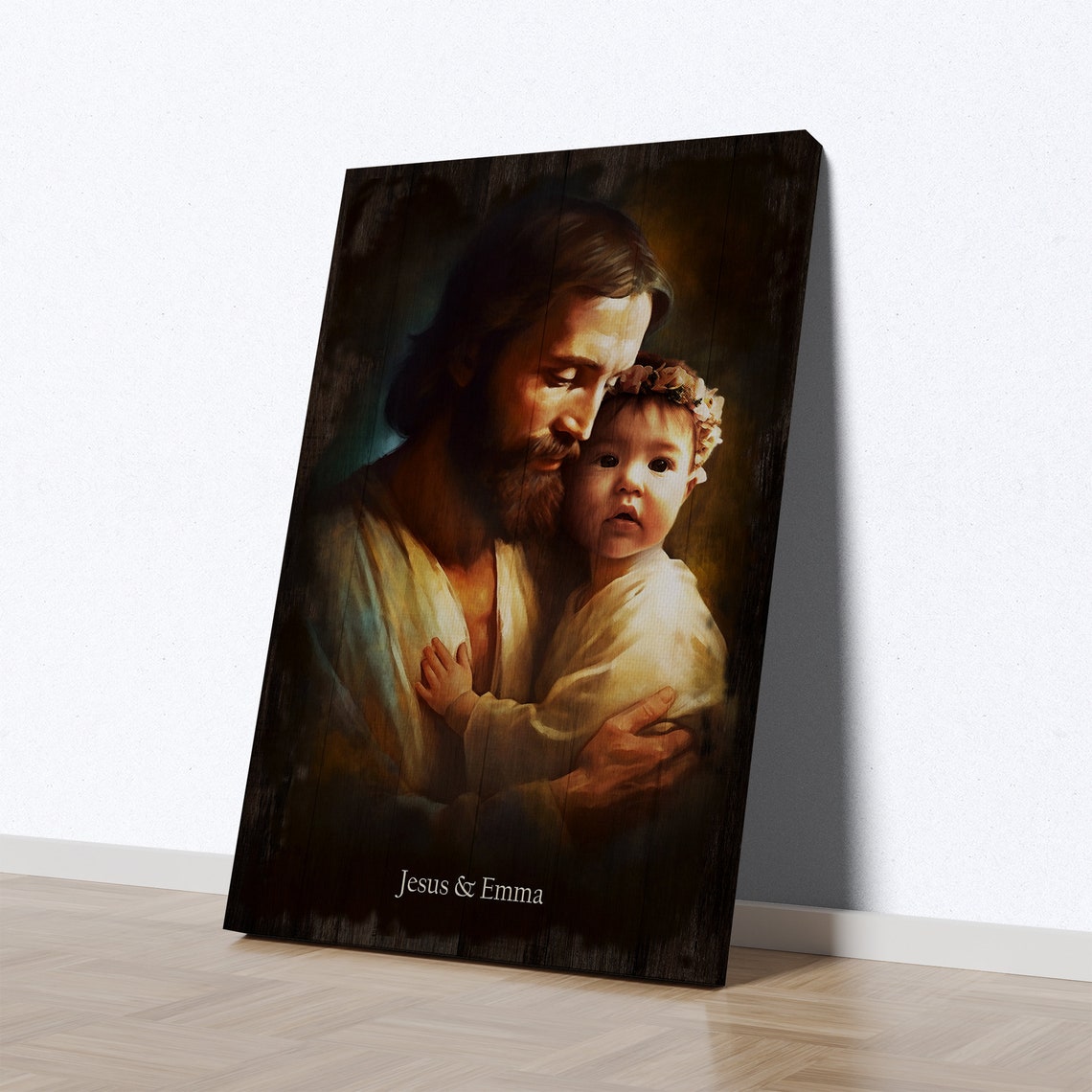 Jesus Hugging Smiling Toddler Ozzy Rustic Wood Personalized Art Poster - Image 5