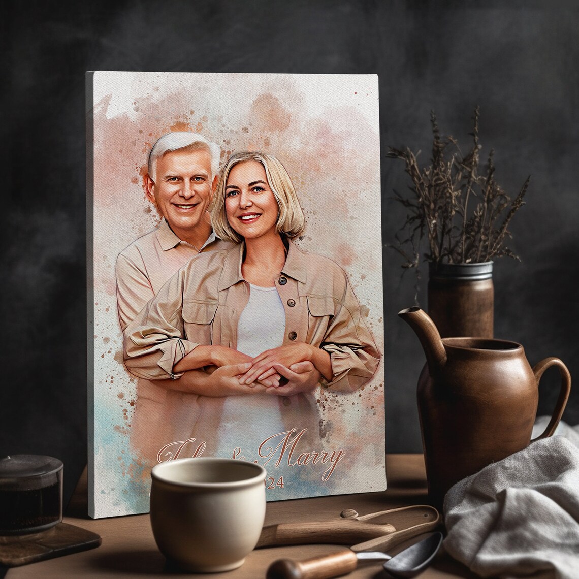 Custom Watercolor Couple Portrait John and Marry Dated 2024 Wall Art - Image 3