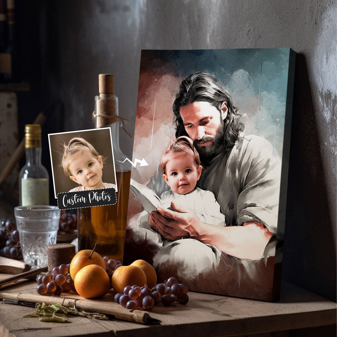 Jesus Reading a Story to a Toddler Girl Framed Oil Painting Style Poster - Image 6