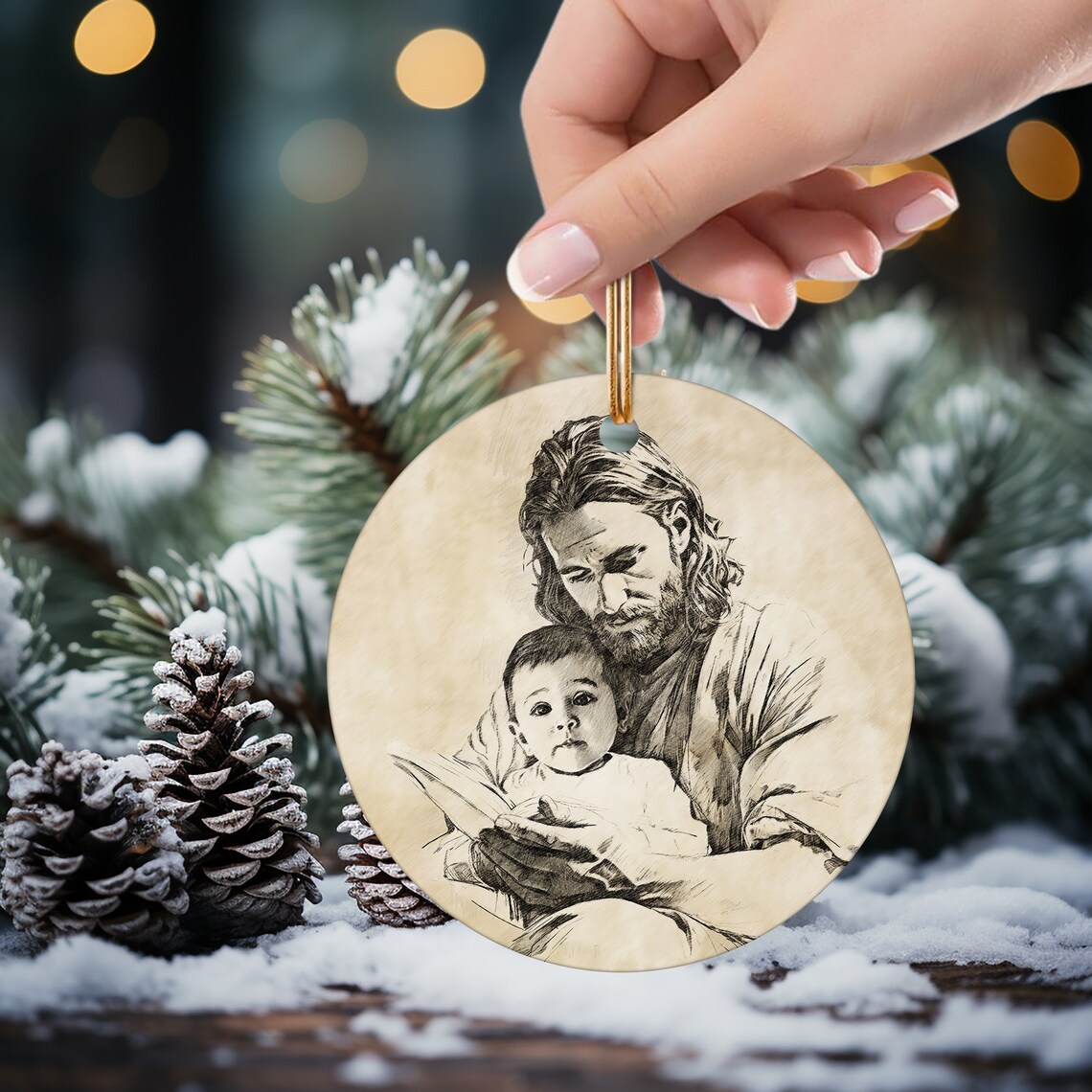 Custom Jesus and Baby Sepia Sketch Christmas Ornament Memorial Poster - Image 3