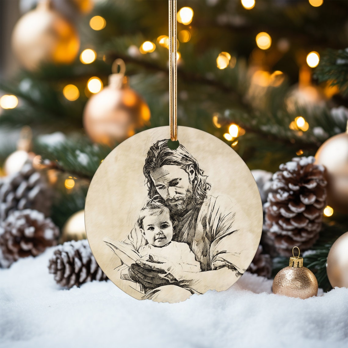 Custom Jesus and Baby Sepia Sketch Christmas Ornament Memorial Poster - Image 2