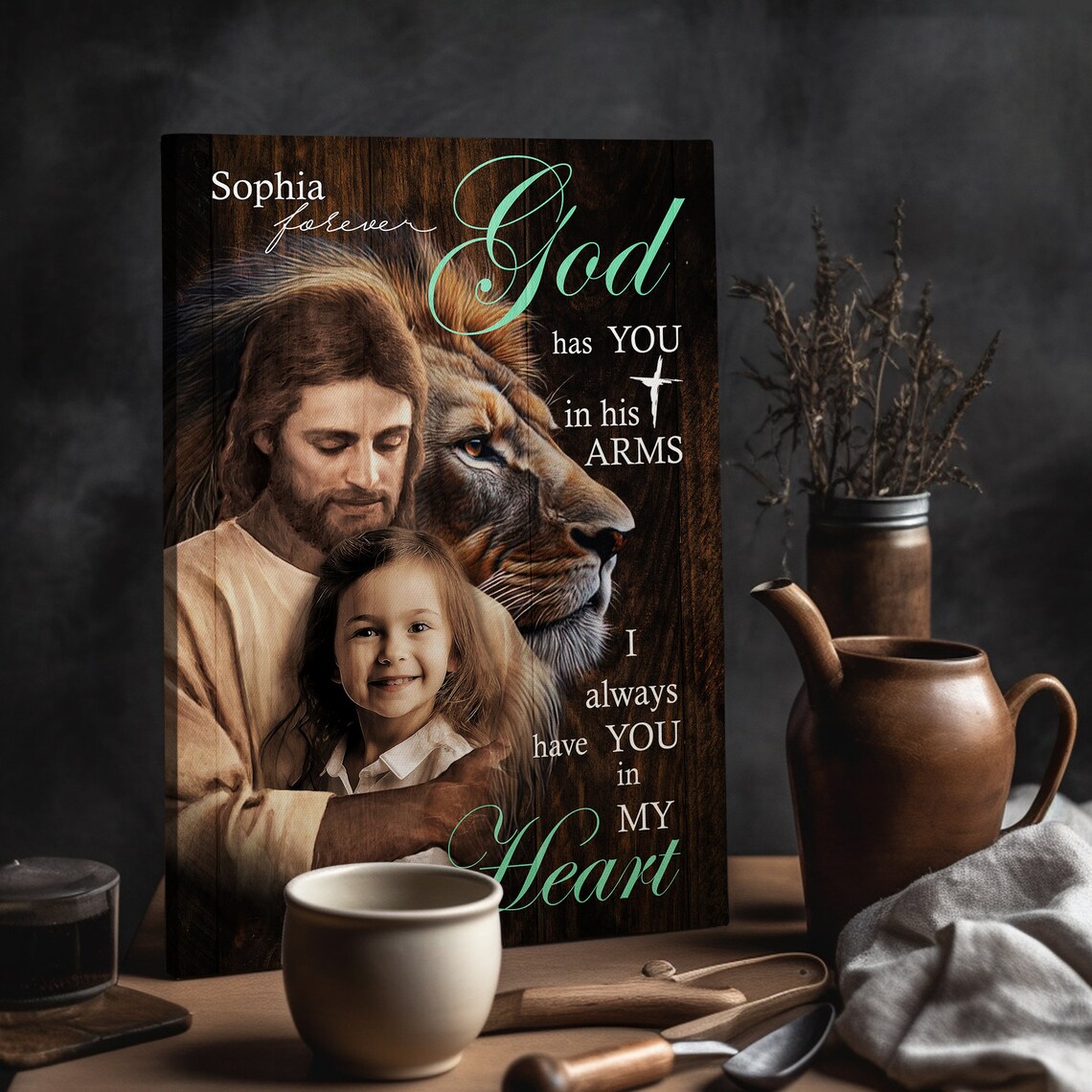 Jesus and Lion of Judah God Has You in His Arms Personalized Canvas Poster - Image 4