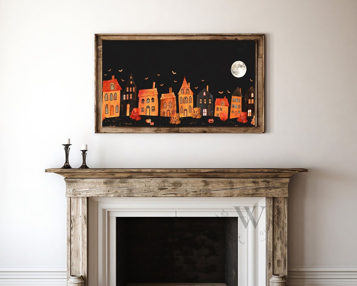 Spooky Halloween Village Full Moon Bats And Pumpkins Night Scene Poster - Image 4