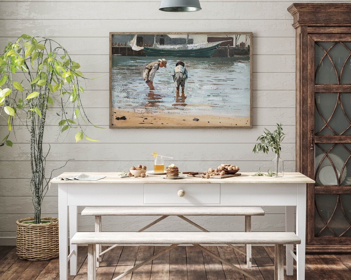 Vintage Boys Wading Harbor Fishing Boat Summer Beach Painting Poster - Image 3