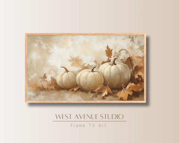 Golden Fall Leaves White Pumpkins Autumn Harvest Farmhouse Wall Art Poster