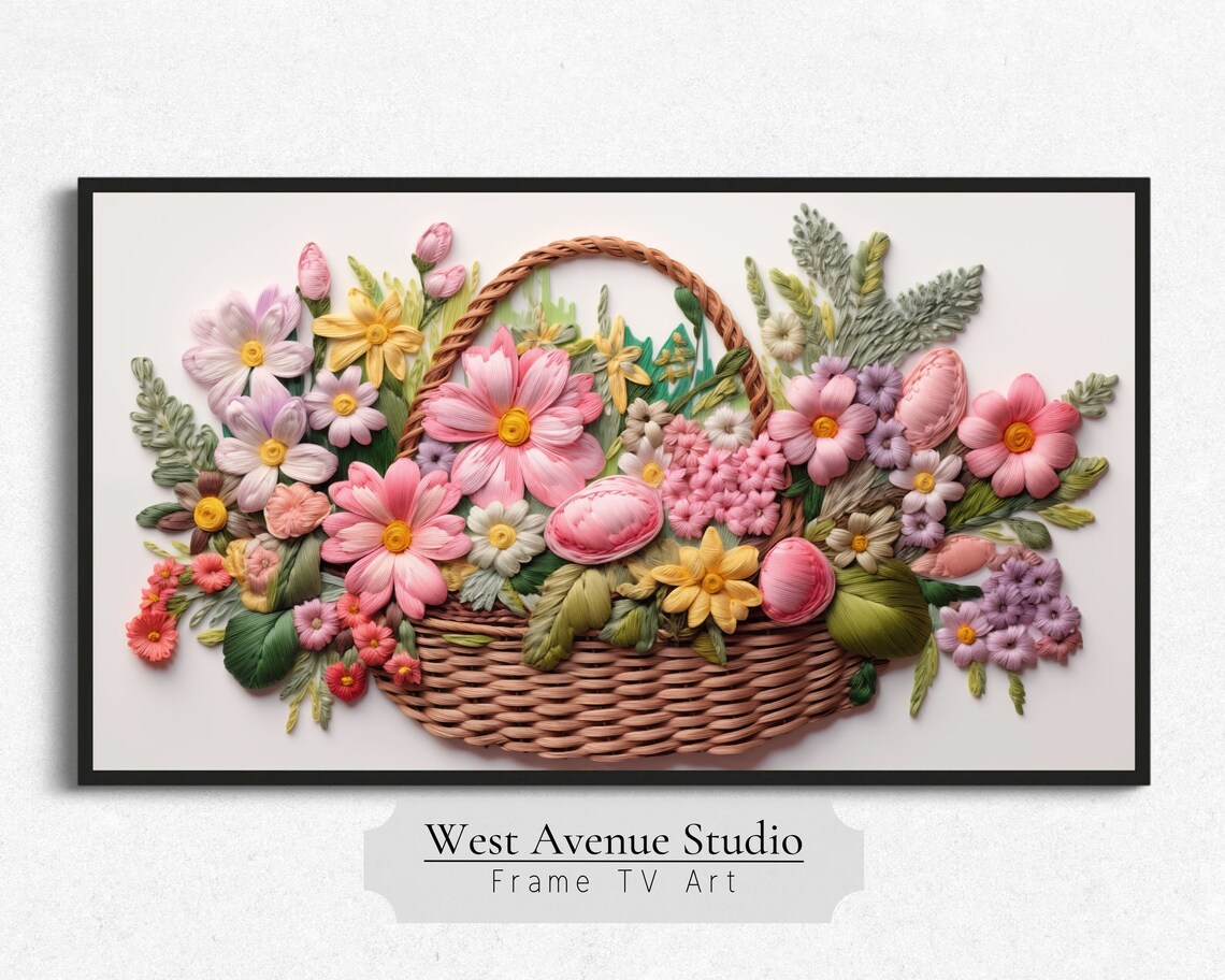 Embroidered Spring Flower Basket Wicker Pastel Botanical Wall Art Poster - Image 2