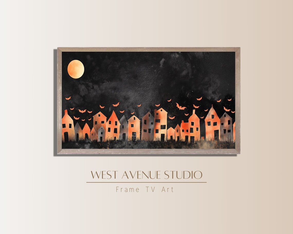 Orange Village Silhouette Full Moon Orange Bats Black Night Halloween Poster - Image 2