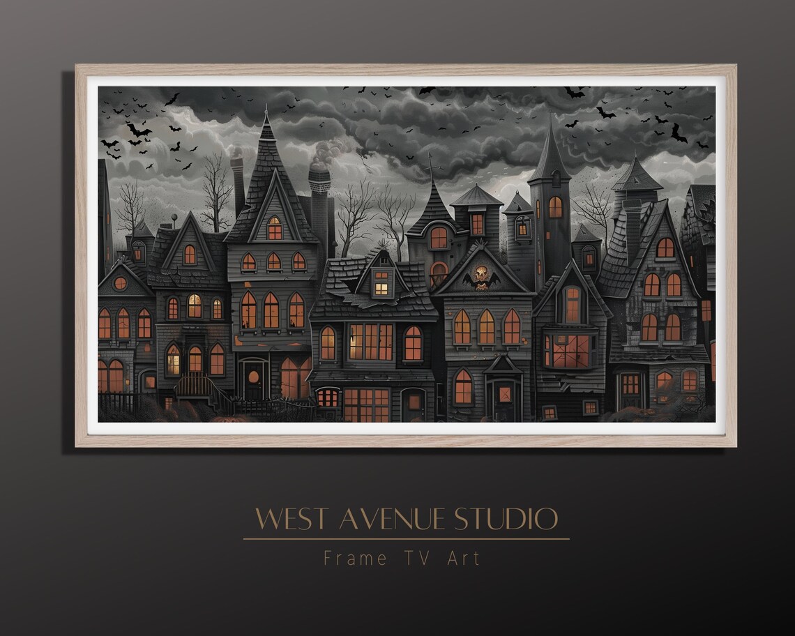 Gothic Halloween Village Glowing Windows Stormy Sky Bats Spooky Night Poster - Image 4
