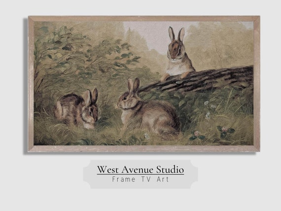 Vintage Rabbit Painting, Antique Farmhouse Art Print