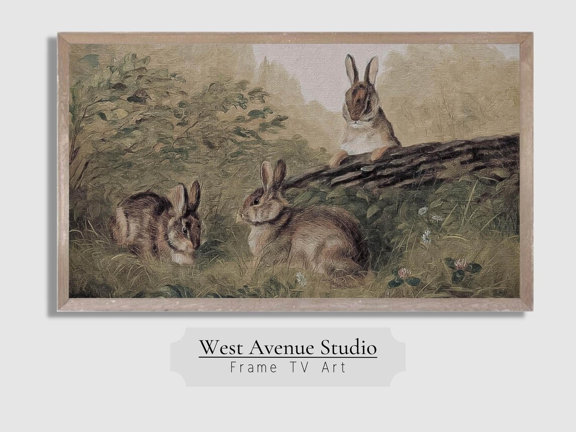 Vintage Rabbit Painting, Antique Farmhouse Art Print