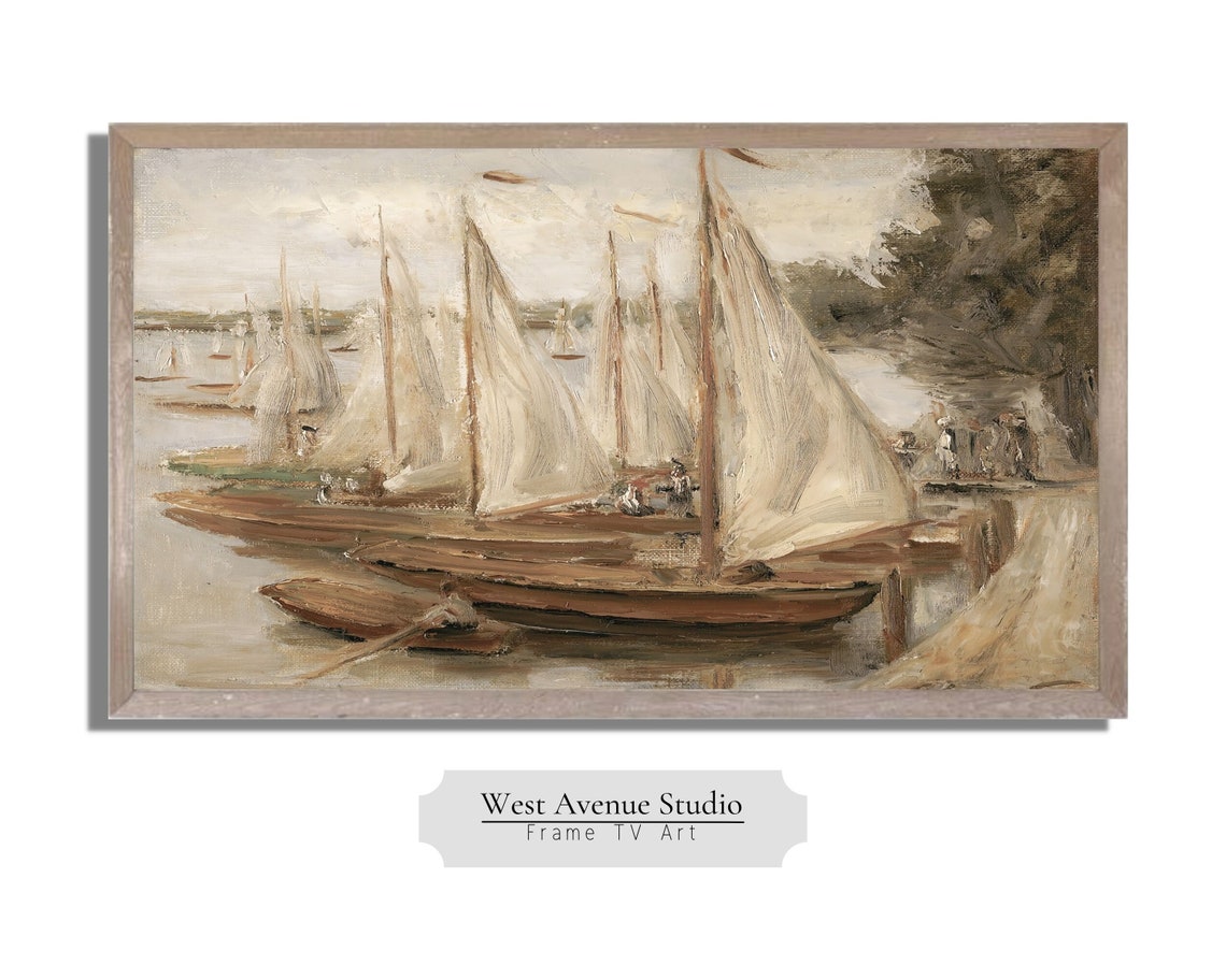 Frame Tv Art Summer Seascape Vintage Oil Painting Nautical Tv Art Summer Boats Summer Tv Art Circa 1893 Instant 295 - Image 3