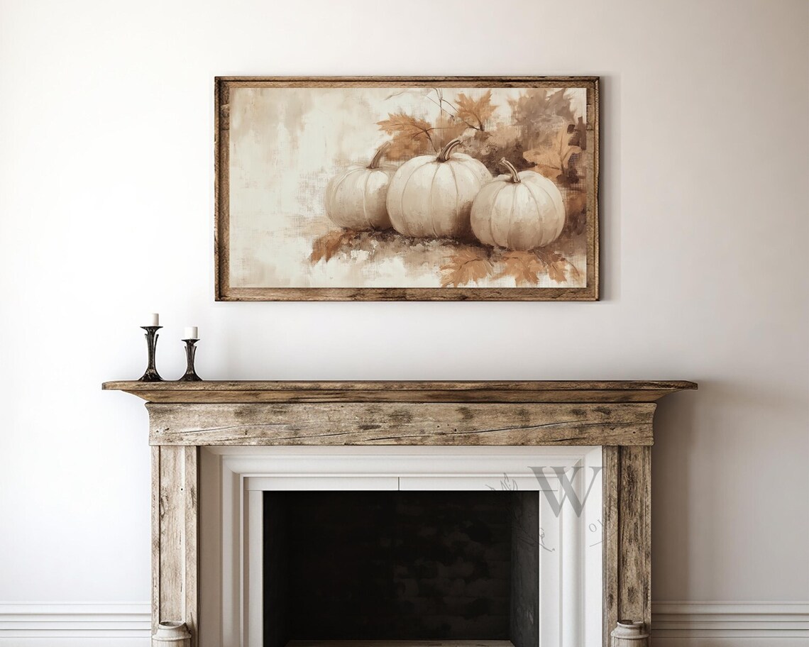 Rustic White Pumpkin Trio Beige Fall Farmhouse Neutral Wall Art Poster - Image 3