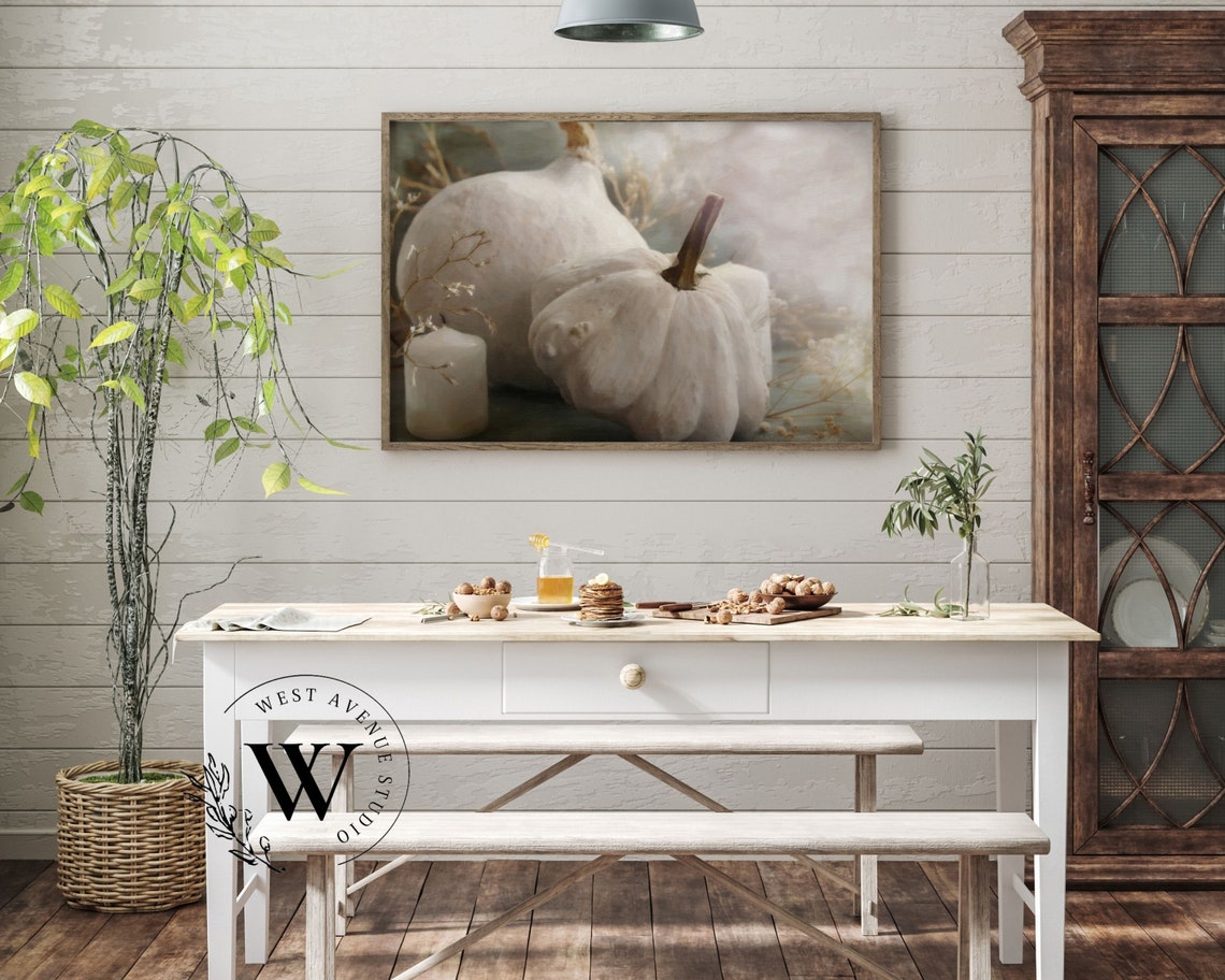 White Pumpkins Candles Soft Fall Still Life Neutral Autumn Art Poster - Image 3