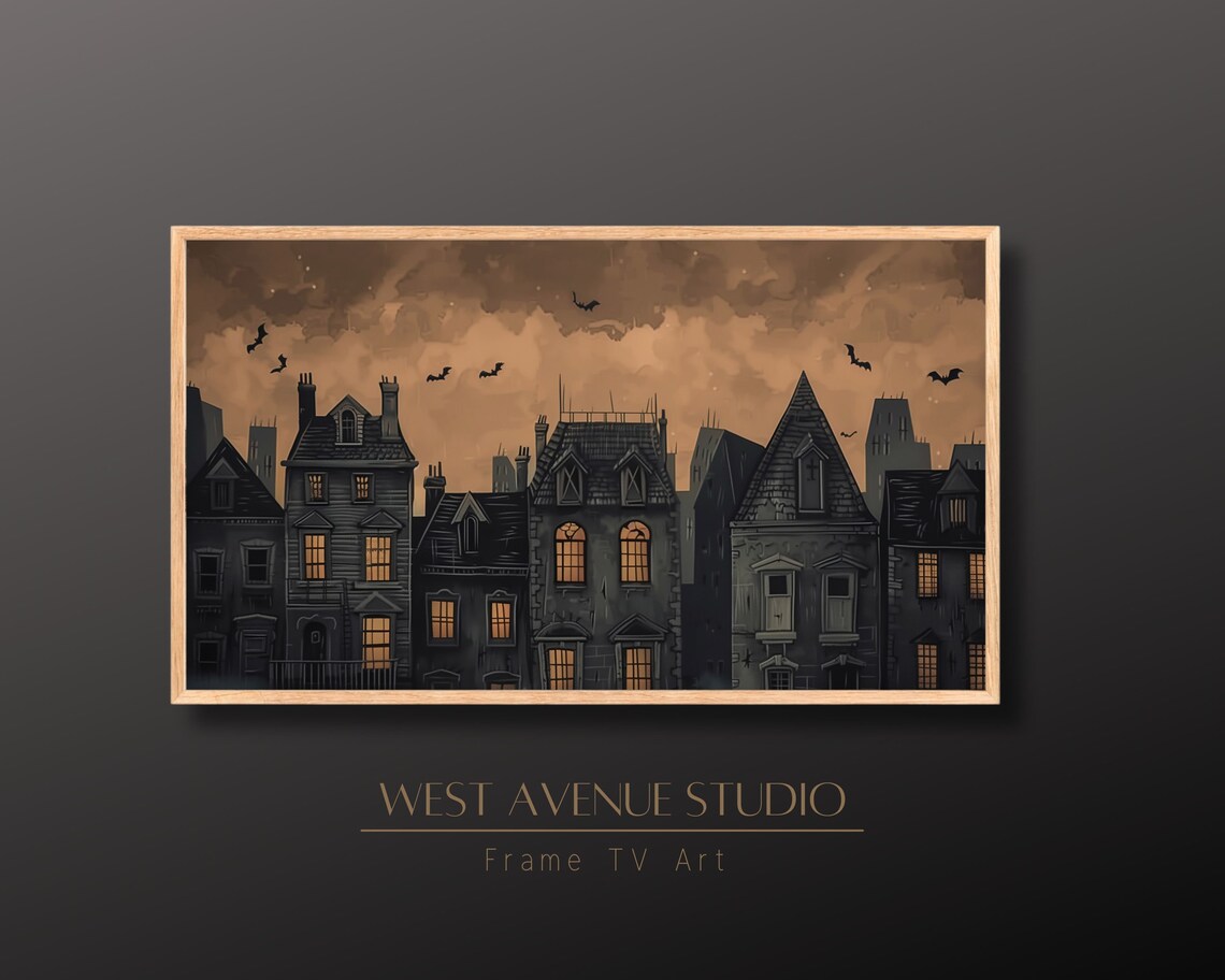 Spooky Halloween Village Dark Houses Glowing Windows Bats Night Sky Poster