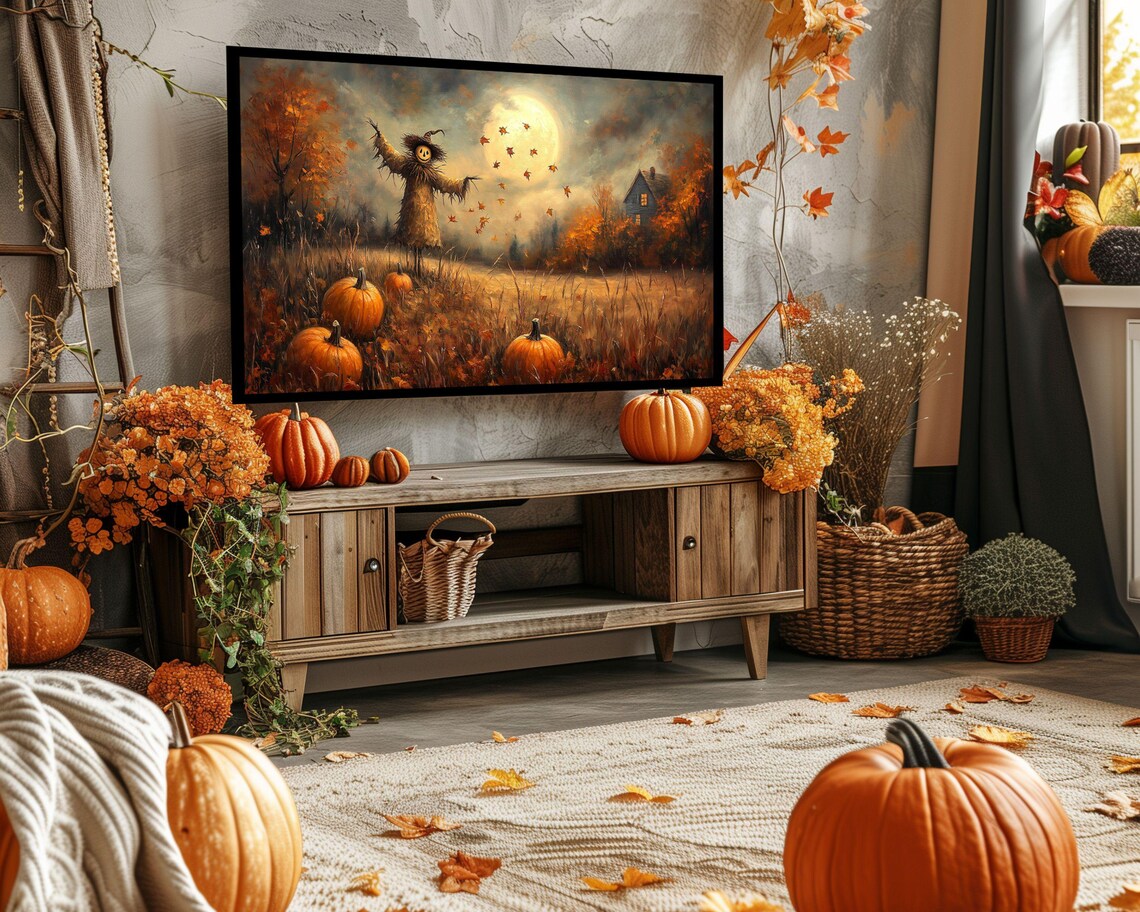 Scarecrow Under Full Moon Pumpkin Patch Autumn Harvest Halloween Poster - Image 5