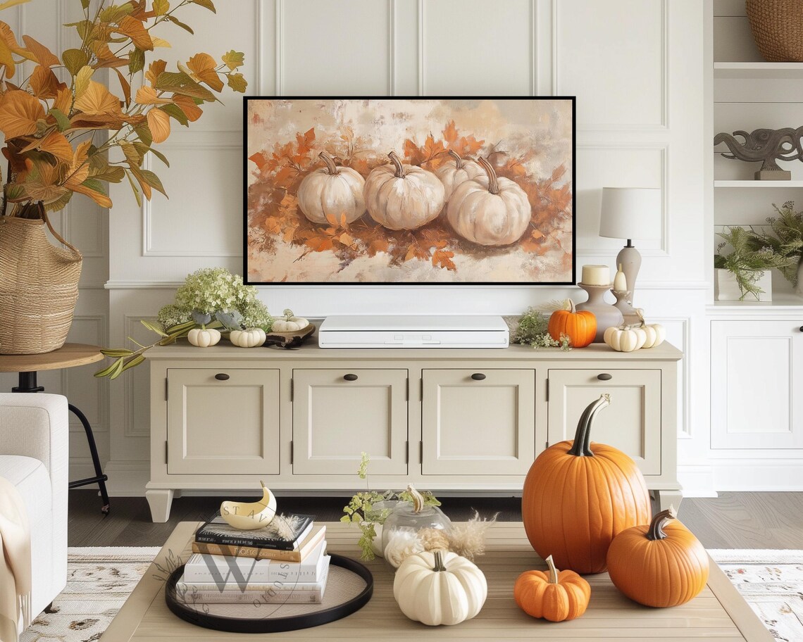 White Pumpkins With Fall Leaves Neutral Autumn Farmhouse Wall Art Poster - Image 3