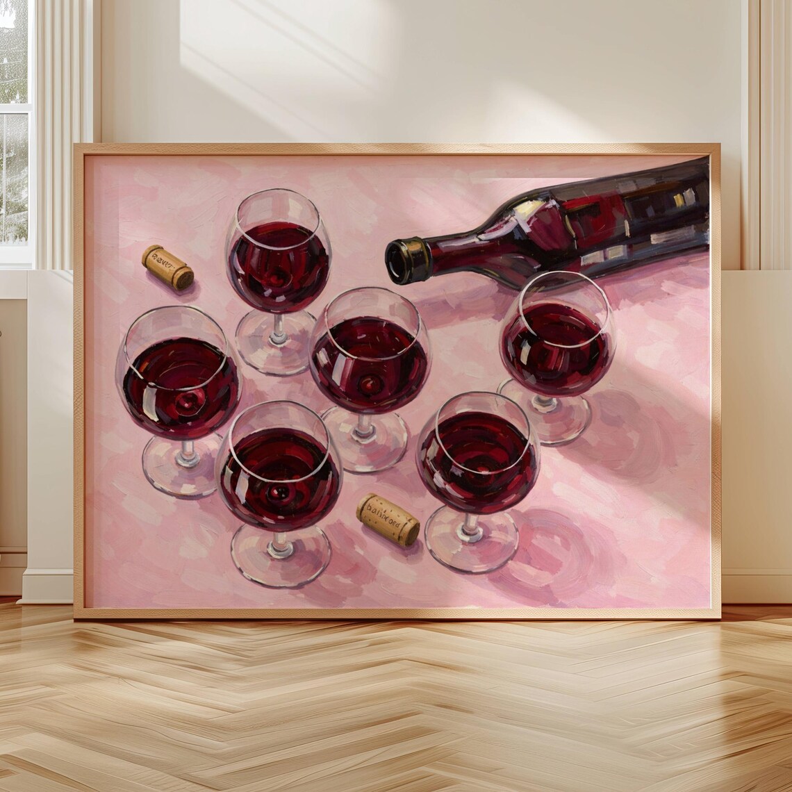 Red Wine Glasses and Open Bottle Pink Table Still Life Poster