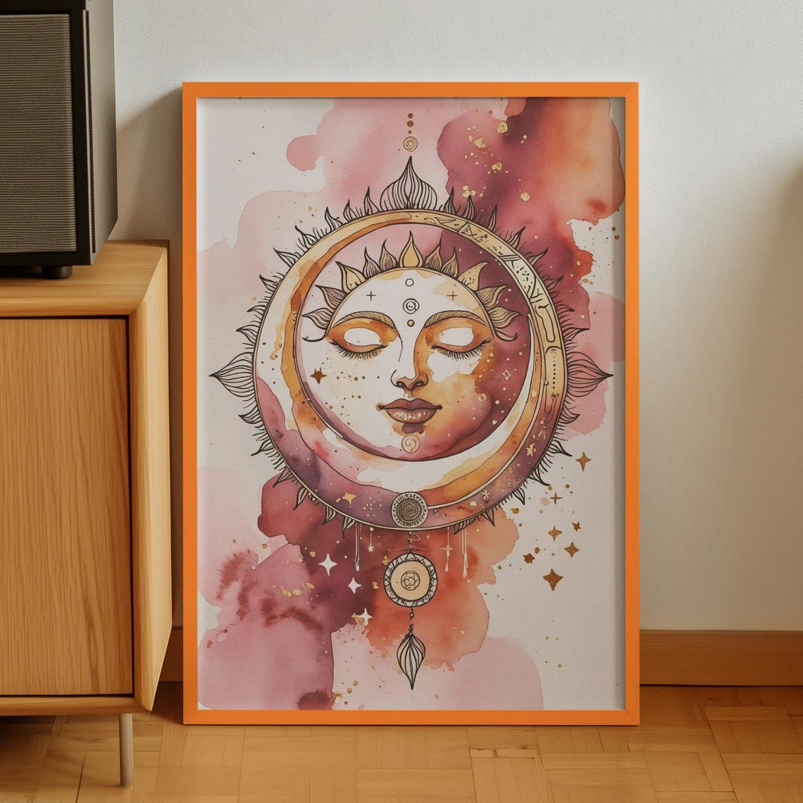 Celestial Sun Goddess Watercolor Print with Boho Moon and Stars