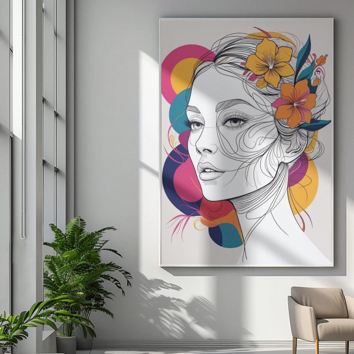 Colorful Floral Woman Portrait Line Art Modern Abstract Poster