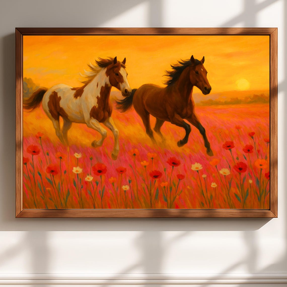 Two Galloping Horses at Golden Sunset Meadow Landscape Poster
