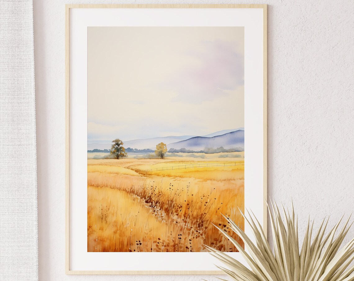 Golden Wheat Field Meadow Rolling Hills Watercolor Landscape Poster - Image 5