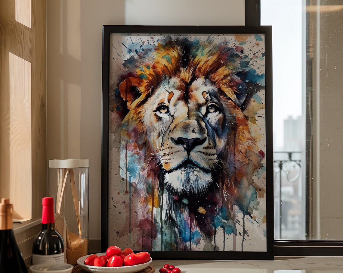 Colorful Lion Portrait Majestic Watercolor Animal Painting Poster