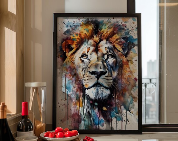 Colorful Lion Portrait Majestic Watercolor Animal Painting Poster