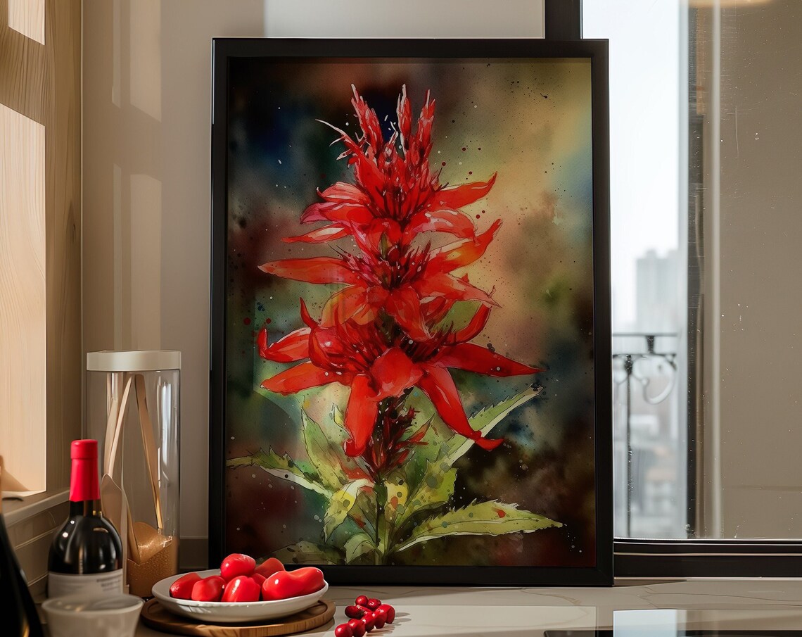Bold Red Cardinal Flower Watercolor Botanical Bloom Art Poster