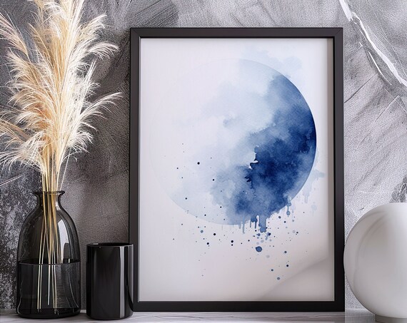 Blue Moon Watercolor Abstract Lunar Circle with Paint Splashes Art Poster