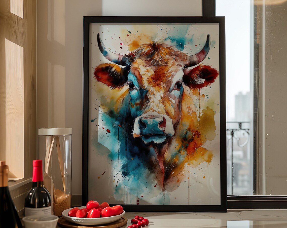 Brown Cow Watercolor Portrait Colorful Farm Animal Art Poster