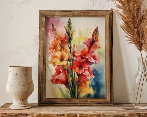 Red Gladiolus Flowers Watercolor Vibrant Floral Summer Art Poster