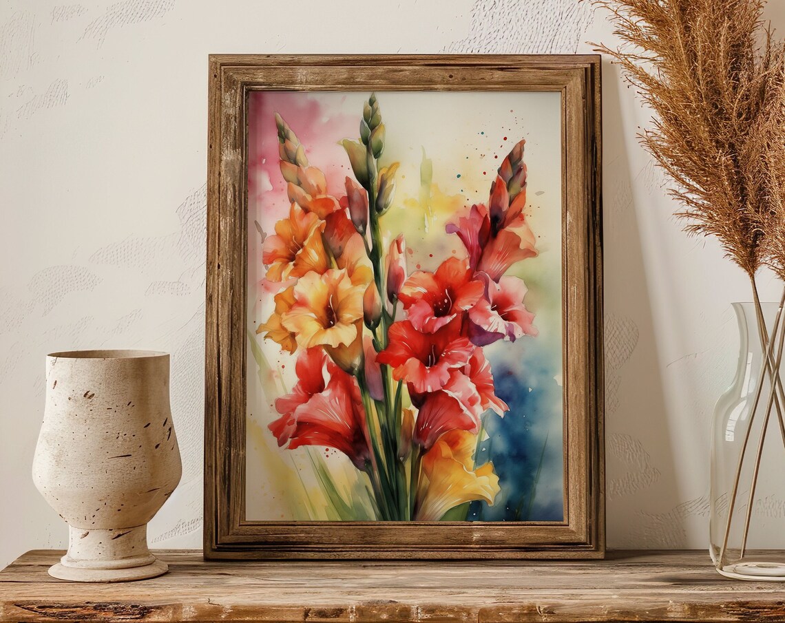 Red Gladiolus Flowers Watercolor Vibrant Floral Summer Art Poster