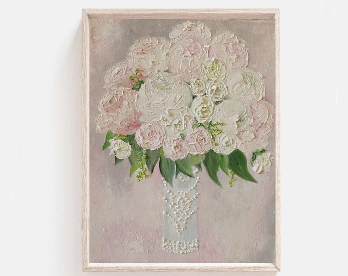 White Peony Bridal Bouquet Impasto Painting in White Vase Poster