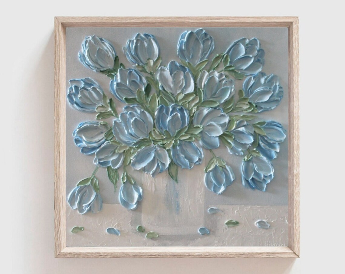 Custom Blue Tulips in a Vase, Oil Impasto Art Print