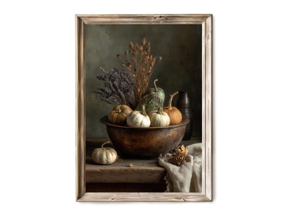 Fall Still Life Wall Art Rustic Copper Bowl With Pumpkins And Flowers Moody Autumn Harvest Decor Artful Vintage Print V 422