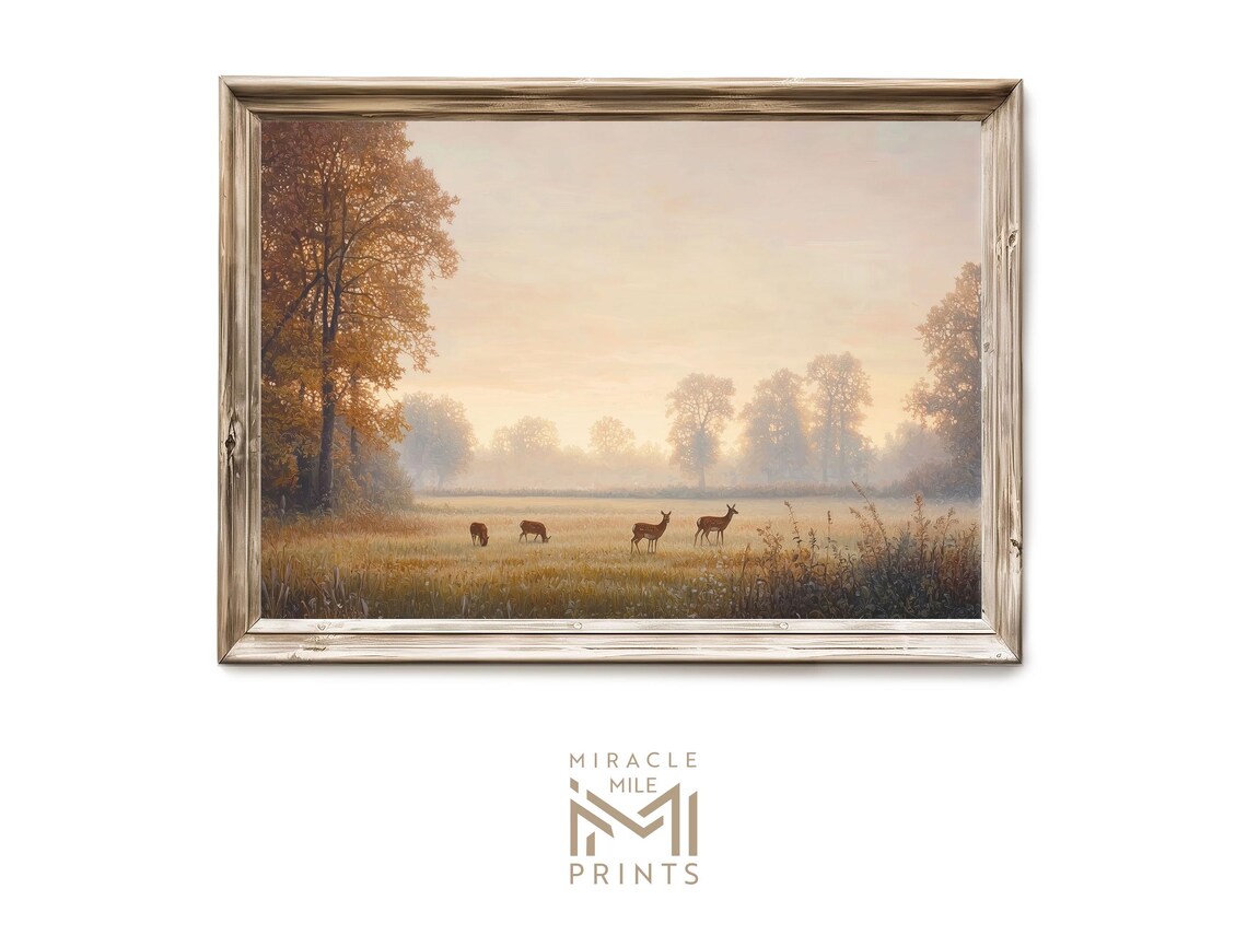 Deer In Misty Meadow At Dawn Vintage Oil Painting Wildlife Art Poster