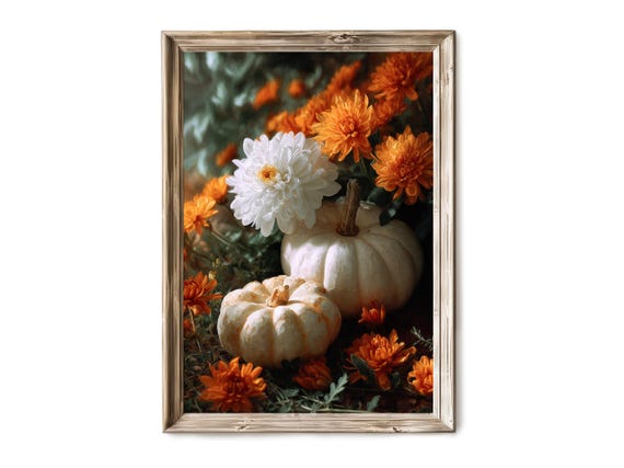 Fall Pumpkin Floral Wall Art Rustic Autumn Chrysanthemums Still Life Moody Harvest Decor Vintage Artful Print V 449