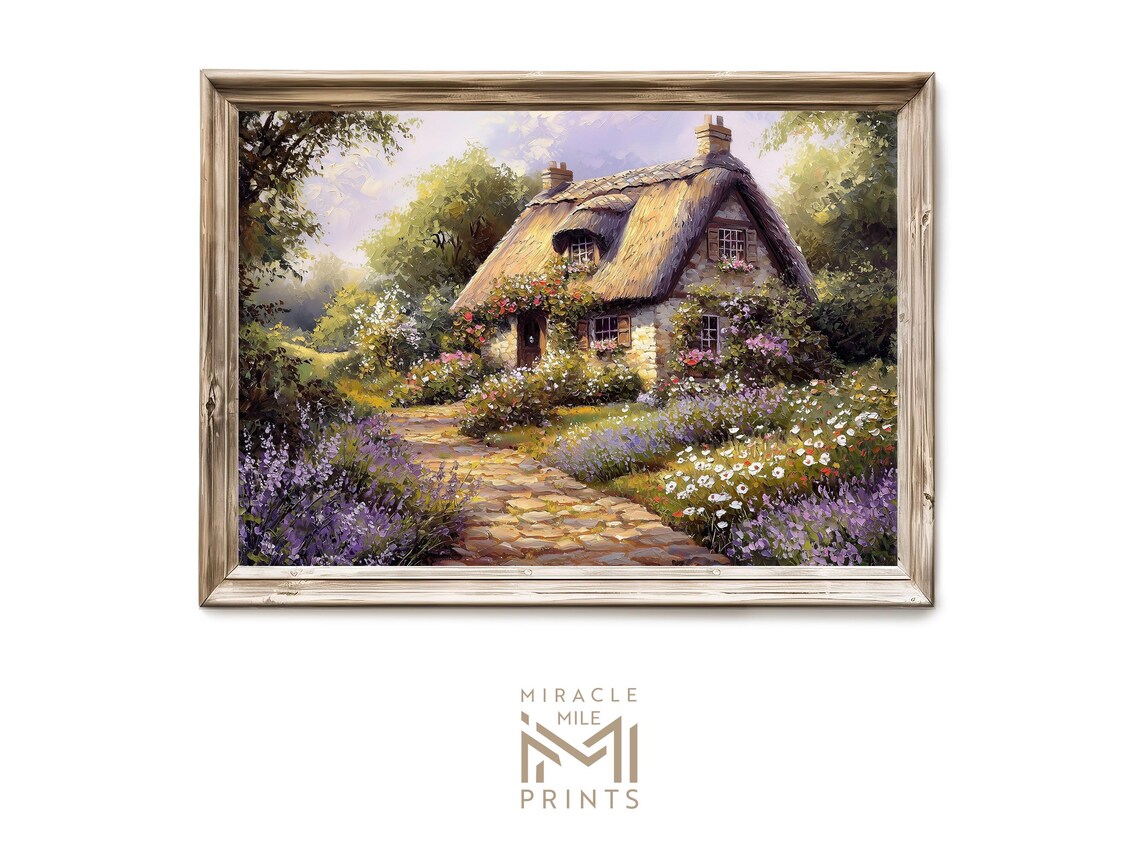 Storybook Thatched Roof Cottage Wildflower Garden Painting Poster