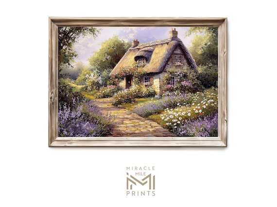 Storybook Thatched Roof Cottage Wildflower Garden Painting Poster